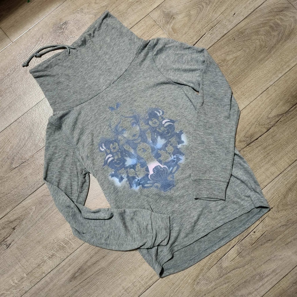 Disney Alice in Wonderland Funnel Neck Top Gray XS Long Sleeve Drawstring